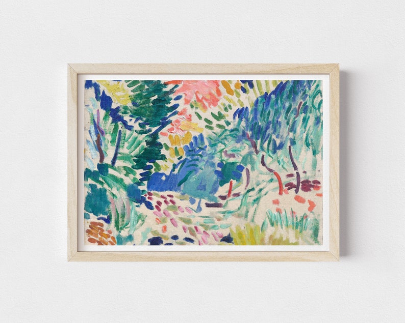 Pode incluir: Uma pintura abstrata colorida de uma paisagem com &aacute;rvores e folhagem em tons de azul, verde, amarelo, rosa e vermelho.