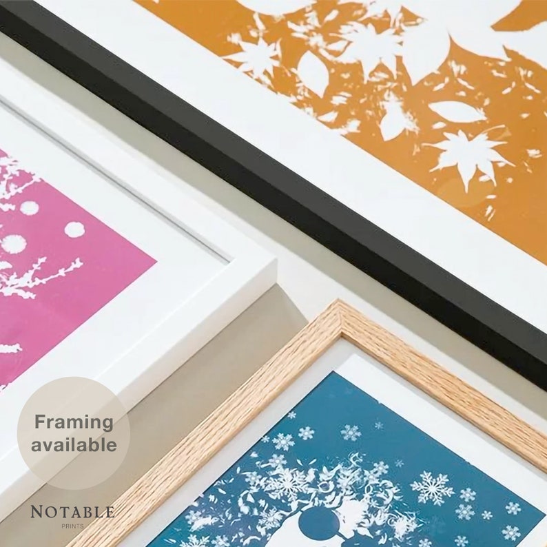 Pode incluir: Tr&ecirc;s impress&otilde;es de arte emolduradas com diferentes designs e cores. A impress&atilde;o superior &eacute; laranja com padr&otilde;es florais brancos. A impress&atilde;o da esquerda &eacute; rosa com padr&otilde;es florais brancos e bolinhas brancas. A impress&atilde;o da direita &eacute; azul com flocos de neve brancos e um padr&atilde;o floral branco. O texto "Enquadramento dispon&iacute;vel" e "NOTABLE PRINTS" &eacute; vis&iacute;vel na parte inferior da imagem.