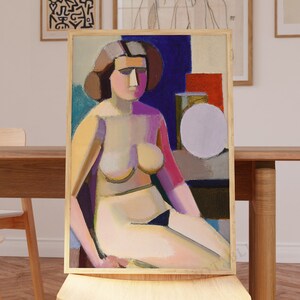 May include: A painting of a nude woman sitting with a white orb and other geometric shapes in the background. The woman has short brown hair and is painted in a cubist style with bold colors.