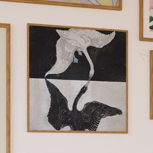 May include: A framed print of a black and white painting depicting two swans with their necks intertwined. The swan on top is white and the swan on the bottom is black. The background is a black and white checkered pattern.