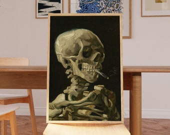 May include: A painting of a human skull with a cigarette in its mouth. The skull is depicted in a dark, almost black background, with the cigarette smoke visible in the air. The skull is painted in a realistic style, with details such as the teeth and eye sockets visible.