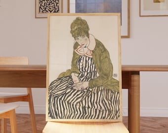 Impression Egon Schiele, Edith avec robe rayée, expédié du Royaume-Uni/États-Unis/Europe/Australie, encadré ou non