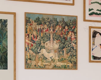 Antique Unicorn print, The Unicorn is Found print, The Unicorn Purifies Water from the Unicorn Tapestries, The Unicorn is in captivity