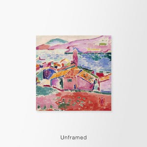 May include: A colorful abstract painting of a seaside town with a pink building in the foreground. The painting features a variety of colors, including pink, blue, green, yellow, and orange. The painting is done in a style that is reminiscent of Impressionism.