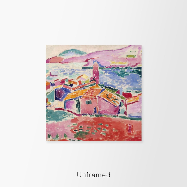 May include: A colorful abstract painting of a seaside town with a pink building in the foreground. The painting features a variety of colors, including pink, blue, green, yellow, and orange. The painting is done in a style that is reminiscent of Impressionism.