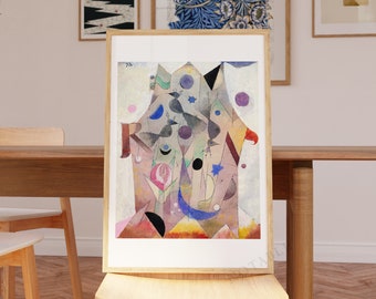 May include: Abstract art print featuring geometric shapes in shades of pink, blue, green, and yellow. The print is framed in a light wood frame.