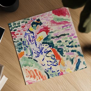 May include: Abstract painting of a person in a blue and purple patterned robe, with a background of pink, green, and white brushstrokes.