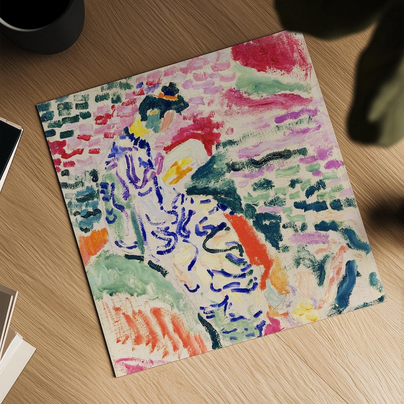 May include: Abstract painting of a person in a blue and purple patterned robe, with a background of pink, green, and white brushstrokes.