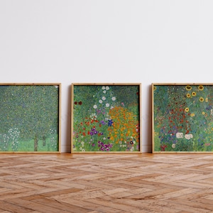 Set of 3 Gustav Klimt wall art, Rosebushes under the Trees, Bauerngarten, Farm Garden with Sunflowers, Ship from UK/US/Europe/Australia