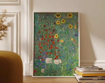 Gustav Klimt print - Farm Garden with Sunflowers full bleed wall art, Ship from UK/US/Europe/Australia, Framed or unframed