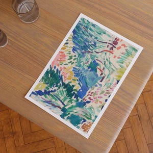 Pode incluir: Pintura abstrata com um design colorido e texturizado. A pintura apresenta tons de azul, verde, rosa e amarelo. As pinceladas s&atilde;o vis&iacute;veis e criam um efeito din&acirc;mico.