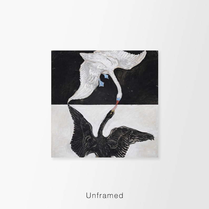 May include: A black and white painting of two swans facing each other. The swan on the top is white with a black beak and the swan on the bottom is black with a red beak. The painting is divided into two sections by a horizontal line. The top section is black and the bottom section is white.