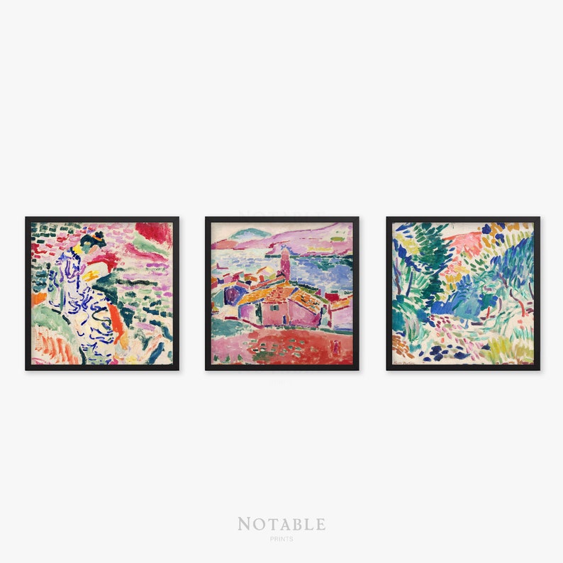 May include: Three framed paintings in a row. The leftmost painting features a woman in a colorful dress standing in a landscape with pink, green, and blue hues. The middle painting shows a pink building with a blue roof in a landscape with blue water and green hills. The rightmost painting shows a landscape with green and blue trees and a path.