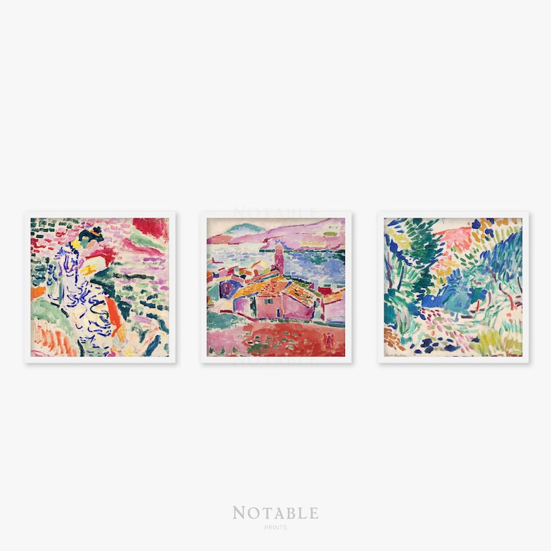 May include: Three framed art prints featuring abstract paintings in a variety of colors, including blue, green, pink, and yellow. The paintings depict a landscape with a house, a figure in a field, and a grove of trees.