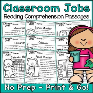Classroom Jobs Reading Comprehension Passages and Questions Back to School | Science Printable Worksheets
