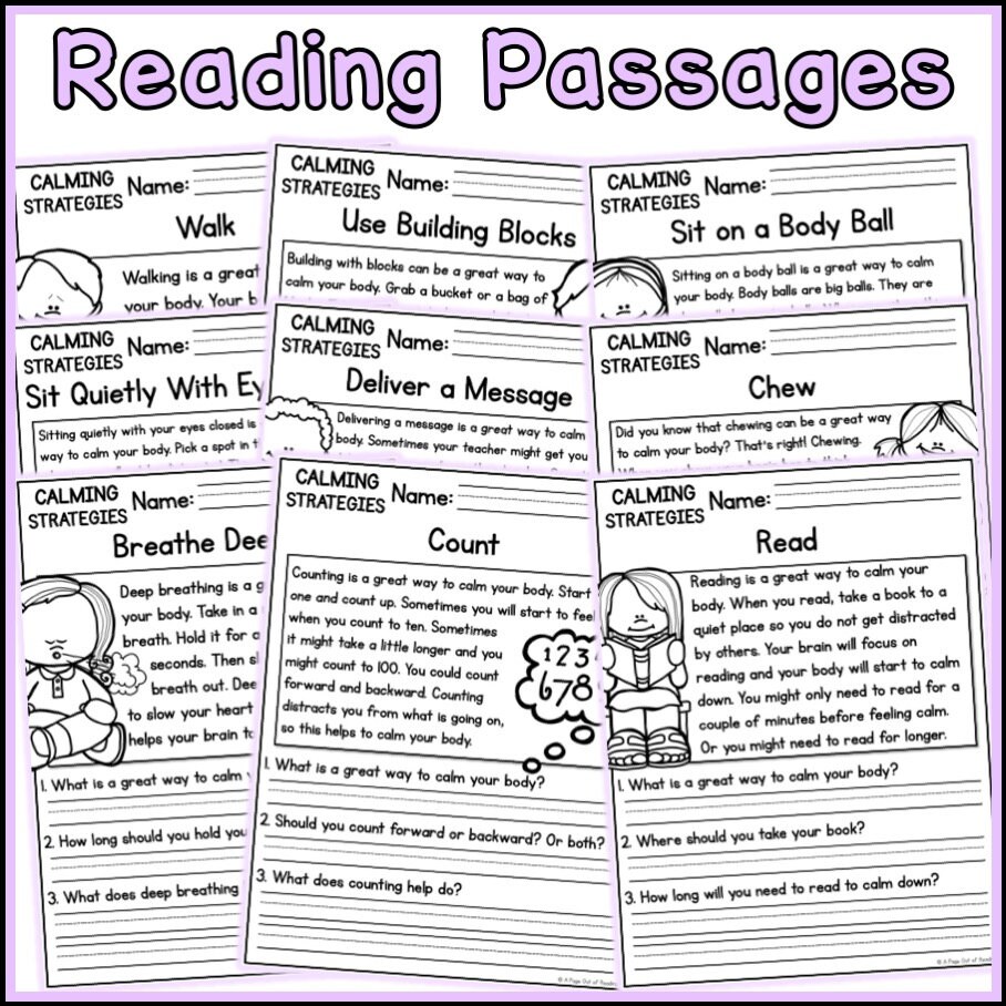 Calming Strategies Reading Comprehension Passages and - Etsy