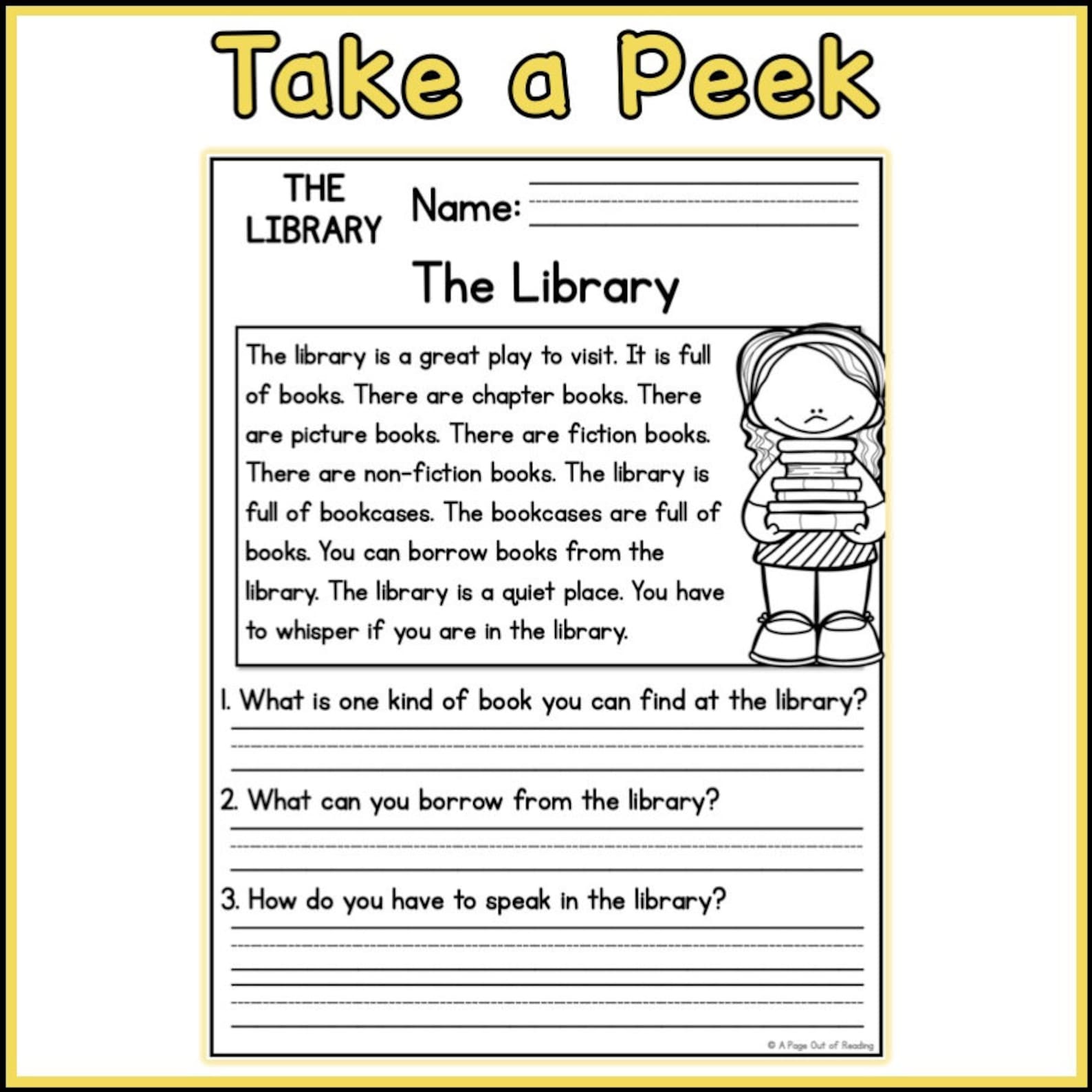 The Library Reading Comprehension Passages and Questions Back to School Science Printable