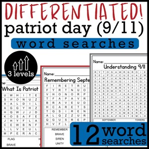 Può includere: Puzzle di ricerca di parole educativi per il Patriot Day (9/11). L'immagine mostra tre diversi puzzle di ricerca di parole con i titoli "What Is Patriot", "Remembering September" e "Understanding 9/11". L'immagine include anche il testo "12 word searches".