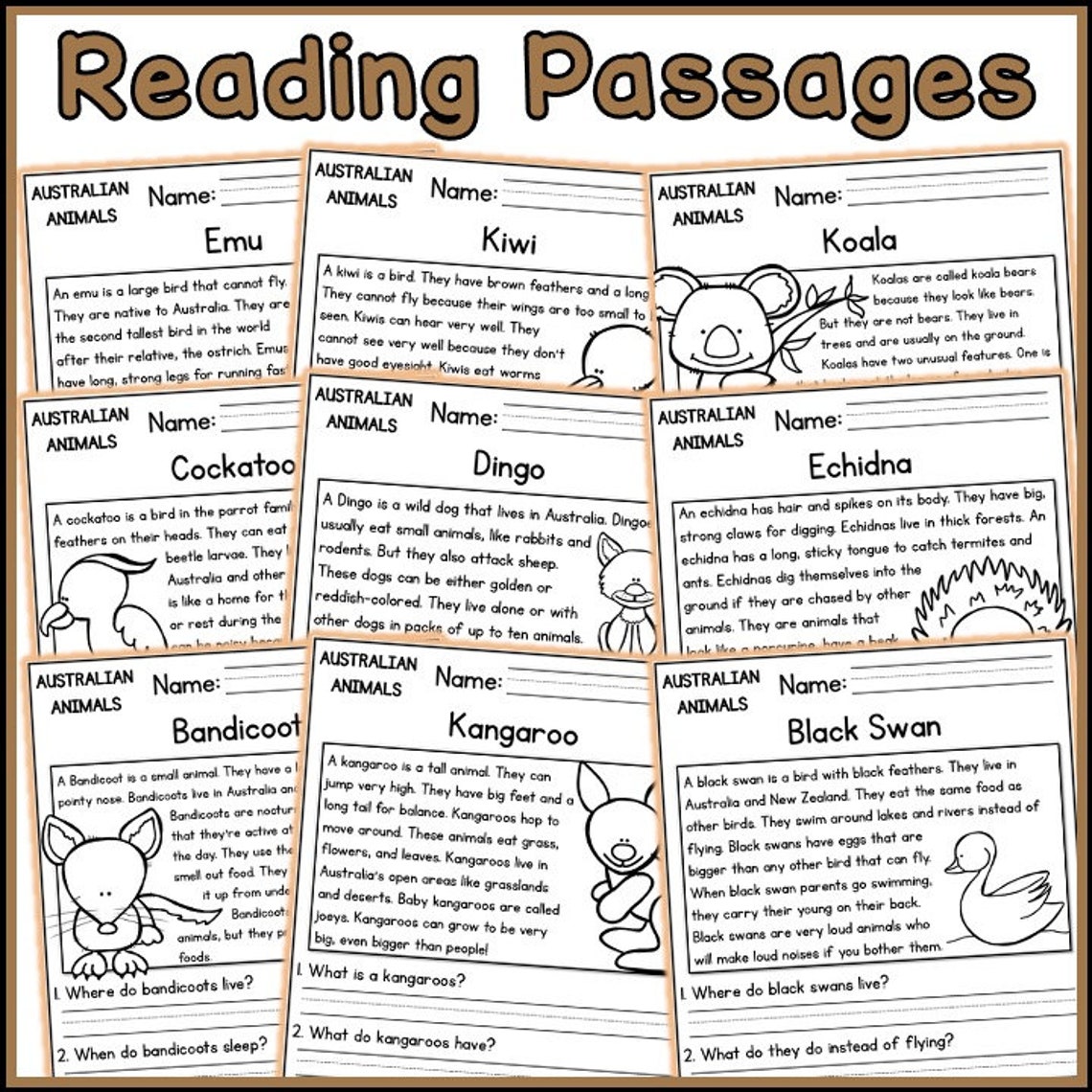 Australian Animals Reading Comprehension Passages and Questions ...