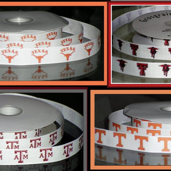 7/8" Collegiate Personalizable Grosgrain Ribbon Texas University Longhorns Texas Tech University Texas A&M University Tennessee University