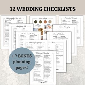 Lista de verificación para la planificación de bodas, lista de tomas fotográficas, listas de verificación para el día de la boda, plantilla de carpeta para bodas, organizador de bodas, cronograma de bodas
