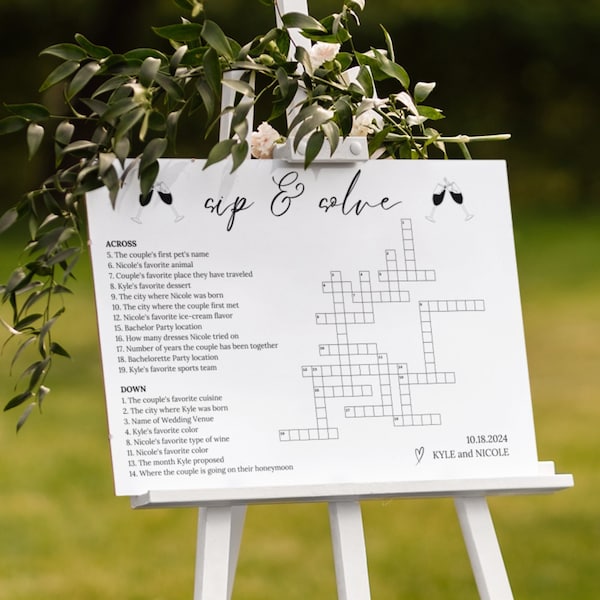 Custom Sip and Solve Wedding Crossword Puzzle, Personalized Bridal Shower Crossword, Wedding Puzzle Reception Sign, Wedding Entrance Sign