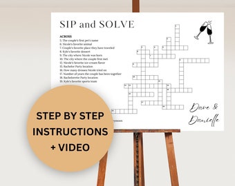 Sjabloon bruiloft kruiswoordpuzzel, nippen en oplossen groot kruiswoordraadsel, gepersonaliseerde vrijgezellenfeestborden, aangepaste bruiloft puzzel receptie bord
