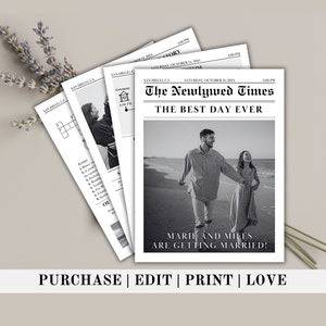 Newspaper Wedding Program Template, Editable Wedding Newspaper Program, Printable Wedding Infographic, Fun Wedding Day Timeline, Crossword