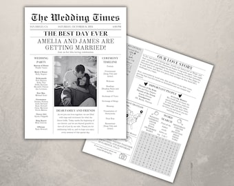 Newspaper Wedding Program Template, Editable Wedding Newspaper Program, Printable Wedding Infographic, Fun Wedding Day Timeline, Newspaper