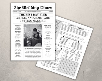 Newspaper Wedding Program Template, Editable Wedding Newspaper Program, Printable Wedding Infographic, Fun Wedding Day Timeline, Newspaper