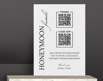 Honeymoon Fund Zeichen, Flitterwochen QR-Code-Zeichen, Flitterwochen-Fondskarte, Hochzeitsgeschenk-Tischschild, bearbeitbarer Hochzeit-QR-Code, Venmo QR-Zeichen, Cash App