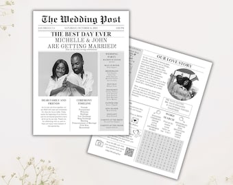 Wedding Newspaper Infographic Program, Newspaper Wedding Program Template, Editable Wedding Day Timeline, Editable Ceremony Program Details