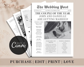 Zeitungs-Hochzeitsprogramm-Vorlage, bearbeitbares Hochzeitszeitungspapierprogramm, druckbare Hochzeitsinfografik, lustige Hochzeitstag-Timeline, Kreuzworträtsel