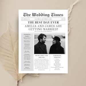 Peut inclure: Une annonce de mariage de style journal en noir et blanc avec une photo du couple. Le titre principal indique "Le meilleur jour de tous les temps" et annonce le mariage d'Amelia et James. L'annonce comprend la liste des invités du mariage, le déroulement de la cérémonie et un message à la famille et aux amis.