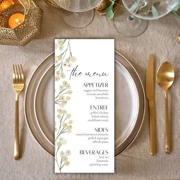 Minimalist Wedding Menu Template, Boho Floral Menu Place Cards, Editable Dinner Menu, Printable DIY Wedding Menus, Wildflower Wedding