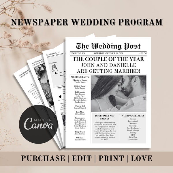 Newspaper Wedding Program Template, Editable Wedding Newspaper Program, Printable Wedding Infographic, Fun Wedding Day Timeline, Crossword