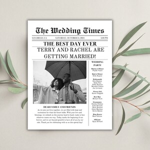 Wedding Newspaper Program Template, Infographic Wedding Details, Newspaper Wedding Day Timeline, Editable Ceremony Program Itinerary, Canva