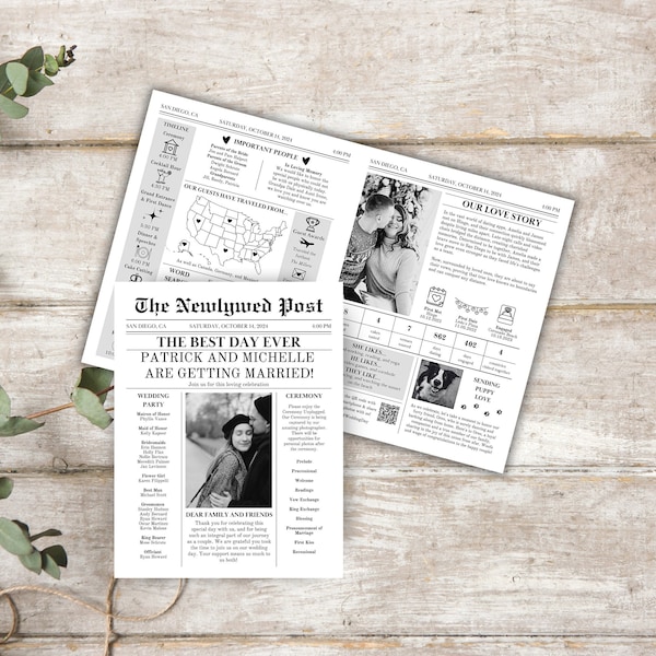 Wedding Newspaper Program Template, Printable Infographic Ceremony Program, Editable Folded Newspaper, Fun Wedding Day Timeline, Crossword