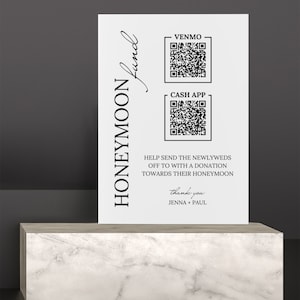 Znak funduszu miesiąca miodowego, znak kodu QR miesiąca miodowego, karta funduszu miesiąca miodowego, znak stołu z prezentami ślubnymi, edytowalny kod QR na ślub, znak QR Venmo, aplikacja gotówkowa