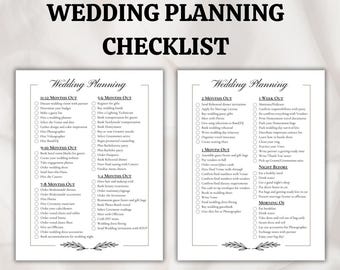 May include: A wedding planning checklist with the text "Wedding Planning Checklist" at the top. The checklist is divided into month-by-month tasks, with headings like "11-12 Months Out" and "1 Week Out". The design is simple, with a white background and black text.
