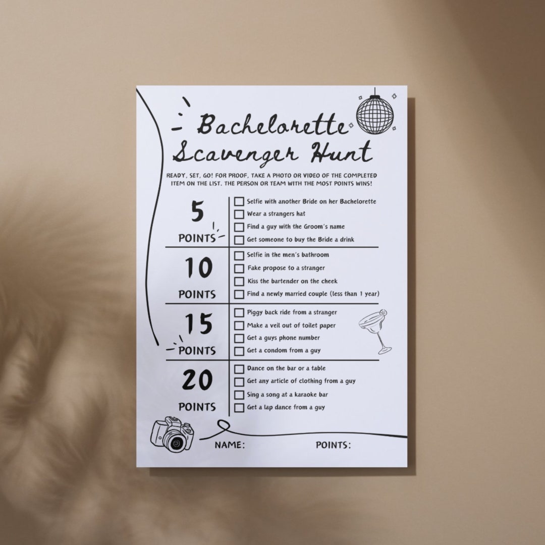 Bachelorette Scavenger Hunt Game, Bachelorette Activity Template, Disco