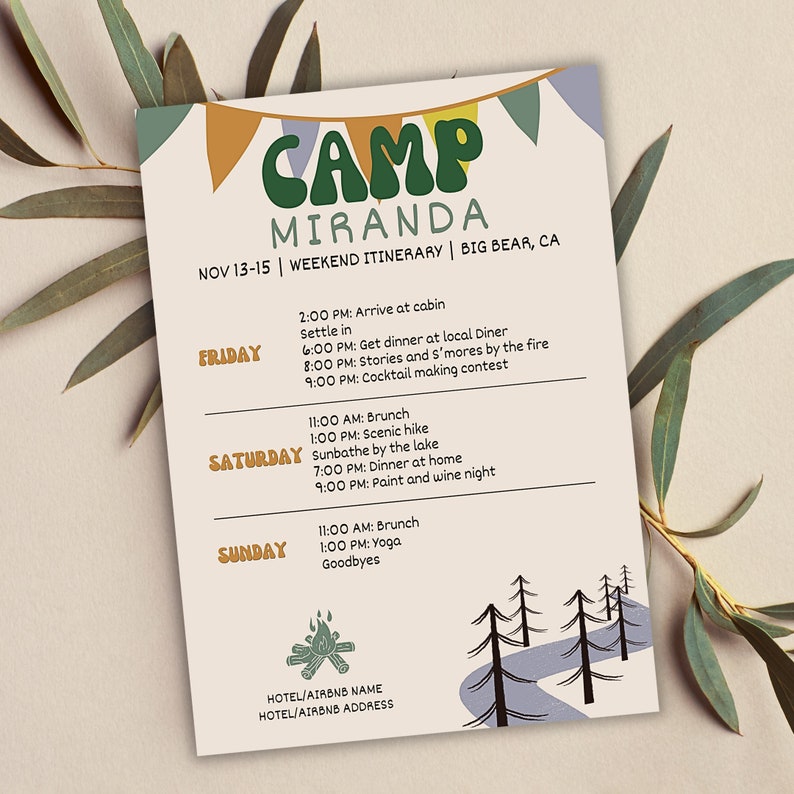Camp Bachelorette Itinerary Template, Summer Camp Bach Party, Girls Trip, Bachelorette Weekend Invitation, Last Trail Before The Veil image 7