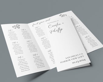 Trifold Wedding Program with Wedding Seating Chart Template, Editable Infographic Ceremony Program, Instant Download Wedding Day Timeline