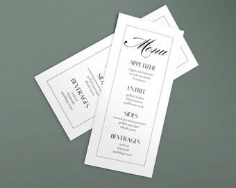 Plantilla de menú de boda minimalista, tarjetas de lugar de menú moderno, menú de cena editable, menús de boda de bricolaje imprimibles, menú de caligrafía elegante