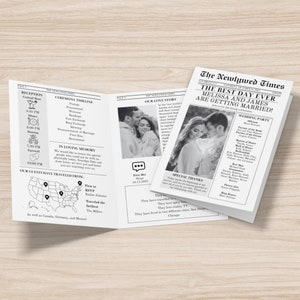 Newspaper Wedding Program Template, Editable Wedding Newspaper Program, Printable Wedding Infographic, Fun Wedding Day Timeline, Crossword