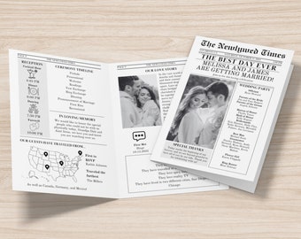 Newspaper Wedding Program Template, Editable Wedding Newspaper Program, Printable Wedding Infographic, Fun Wedding Day Timeline, Crossword
