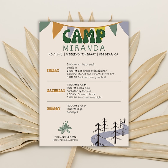Camp Bachelorette Itinerary Template, Summer Camp Bach Party, Girls Trip, Bachelorette Weekend Invitation, Last Trail Before The Veil