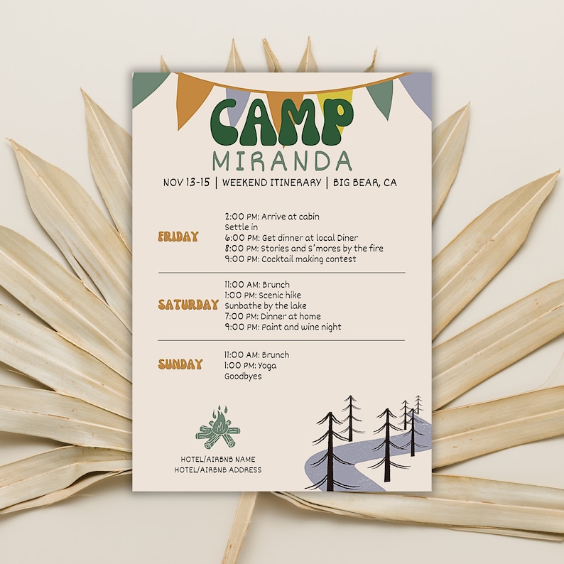 Camp Bachelorette Itinerary Template, Summer Camp Bach Party, Girls Trip, Bachelorette Weekend Invitation, Last Trail Before The Veil image 1