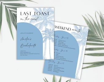 Last Toast on the Coast Bachelorette Itinerary and Invitation, Coastal Grandma, Bach Itinerary Template, Blue Beach Bachelorette Invite