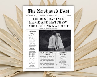 Wedding Newspaper Infographic Program, Newspaper Wedding Program Template, Editable Wedding Day Timeline, Printable Ceremony Program Details